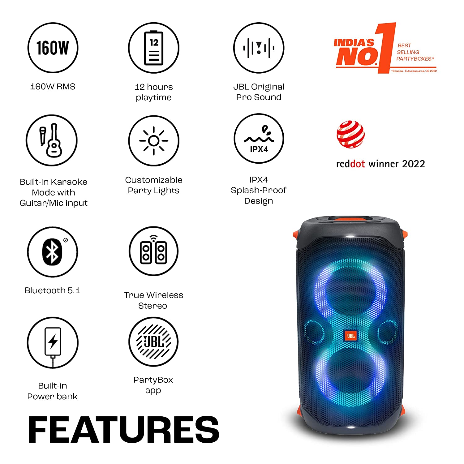JBL PartyBox 110 - Portable Party Speaker with Built-in Lights, Powerful  Sound and deep bass, Black