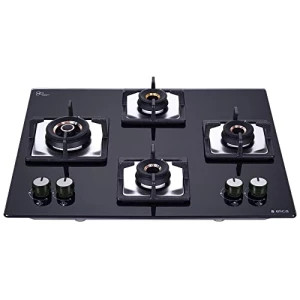 Elica Hob 4 Burner Auto Glass Top - 3 Mini Triple Ring Brass Burner and 1 Double Ring Brass Gas Stove (Flexi AB HCT 460)