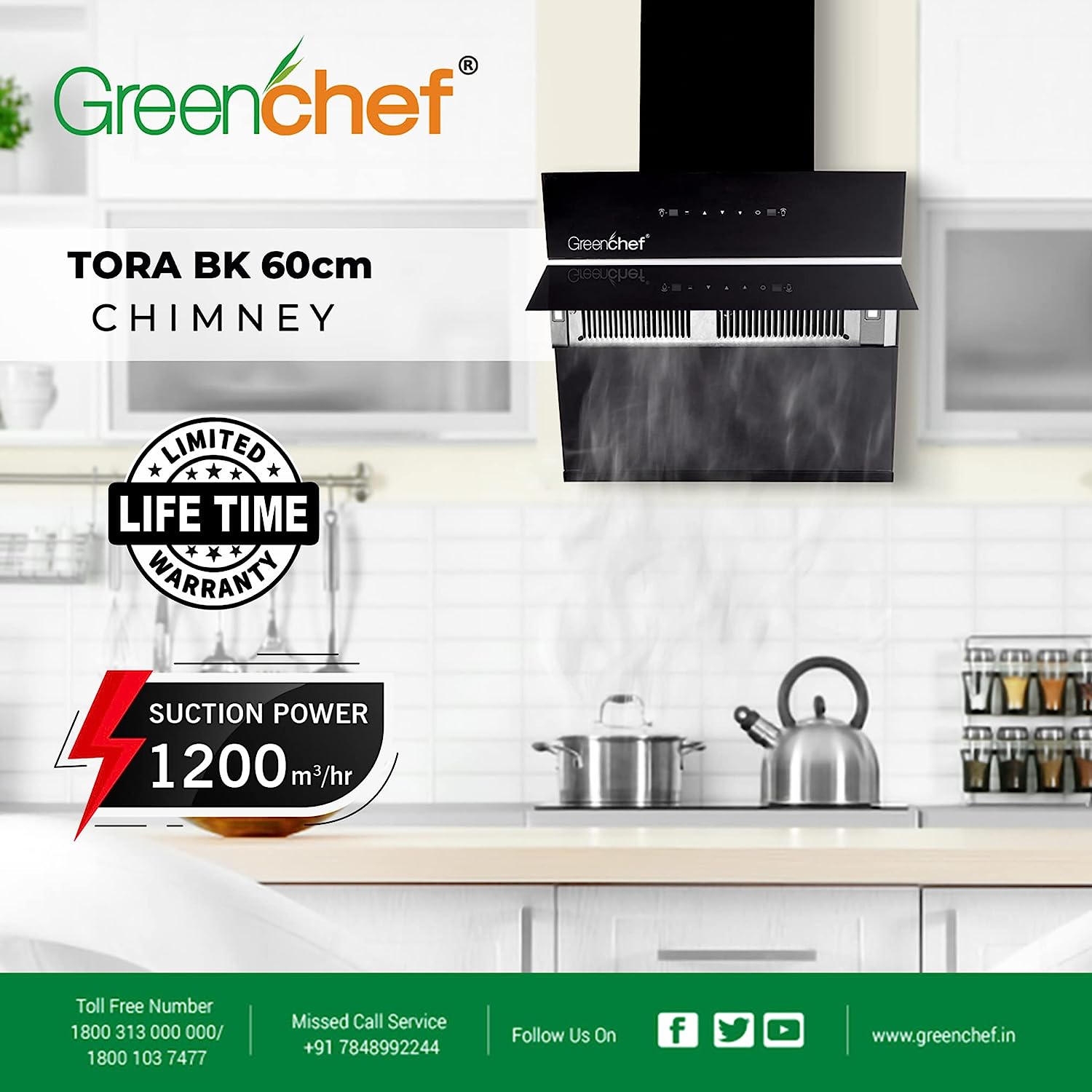 GreenChef Tora 60 Bk Auto Clean Wall Mounted Chimney (Black 1200 CMH)