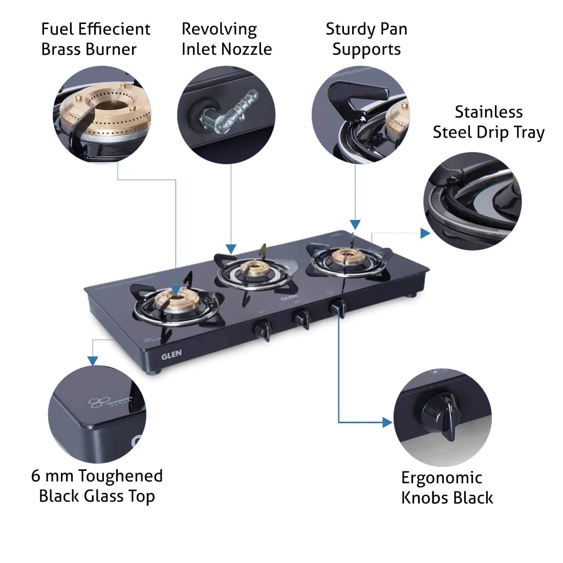 Glen 3 Burner Gas Stove Auto Ignition with SS Drip Tray (CT3B73BLBBAI