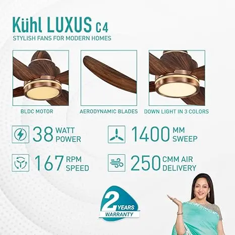 Buy KUHL Luxus C5 1320mm Stylish Power Saving BLDC Ceiling Fan with Remote, Night & Down Light, 38W, 5 Star, Low Noise