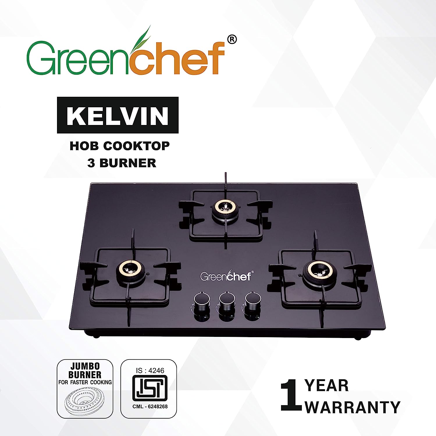 Greenchef Hob Top 3BRKelvin Auto Ignition Glass top Gas Stove (3