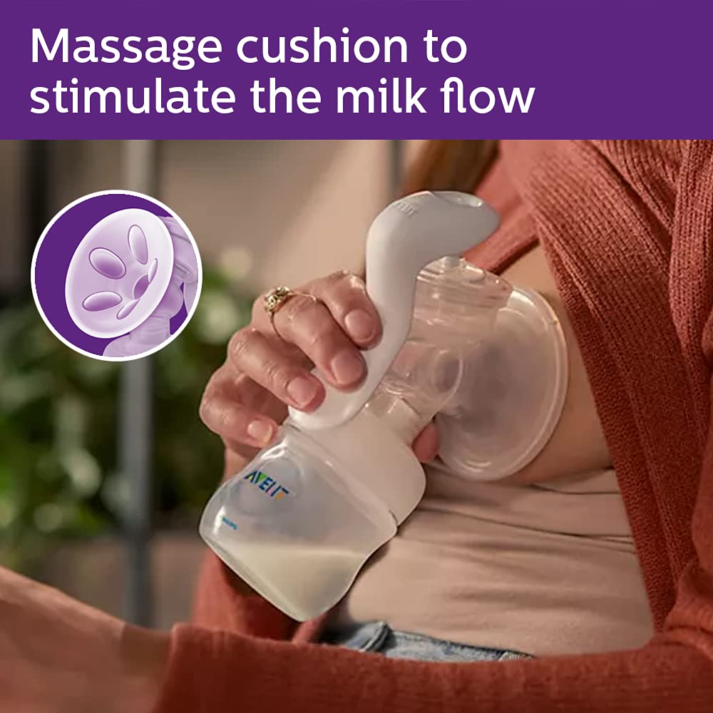 Philips Avent BPA Free Comfort Manual Breast Pump, soft petal shape massage  cushions for easy expression